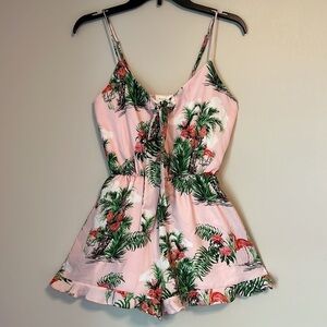 Everly Romper Light Baby Pink Flamingo Floral Print Ruffle Size Small